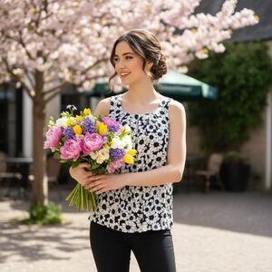 ELLE Black & White Floral Top w/Pink Dot Centers & Tie-Back Detail – Size Small